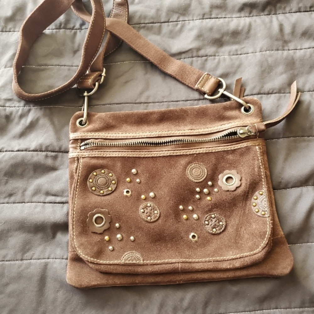 Chocolate brown suede and leather crossbody